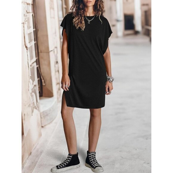 Women's Summer Dress Short Sleeve T Shirt Beach Cover ups Crew Neck Mini Dress - Picture 4 of 5